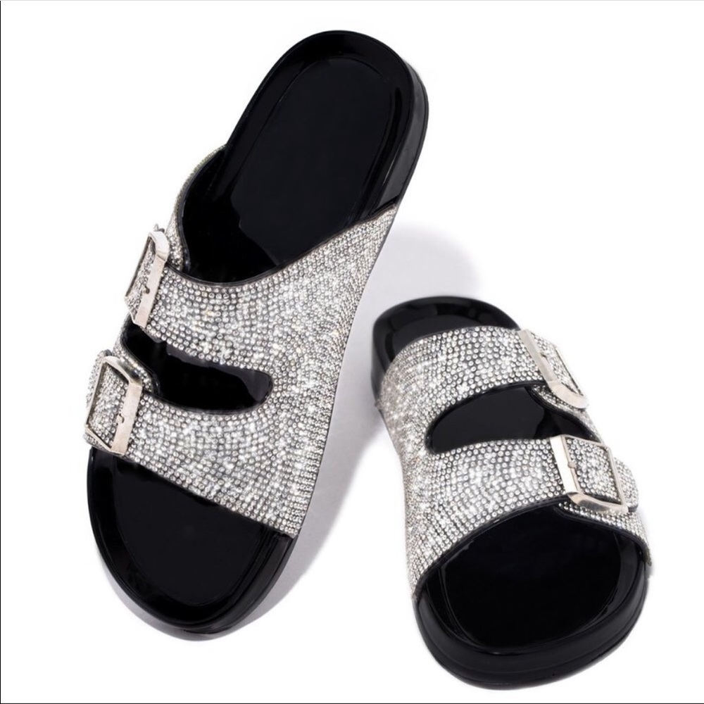 Elegant Black and Silver Women's Slide Sandals
